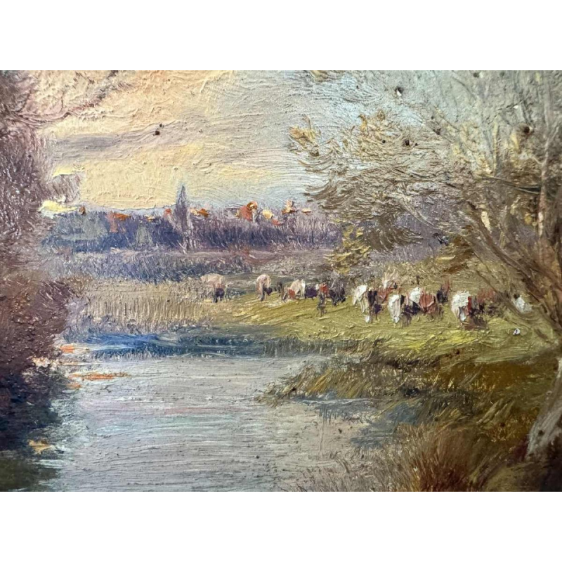 Joseph MANESSE “Landscape with herd by the river“ painting oil on pannel