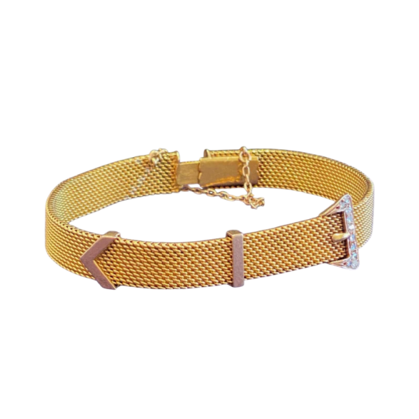 Gouden armband, Milanese schakel, riemmotief, roosgeslepen diamanten, eind 19e eeuw