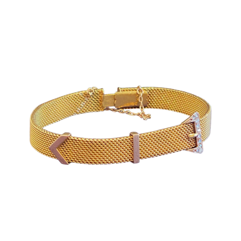 Bracelet or, maille milanaise à motif de ceinture, diamants taille rose, fin XIXe s
