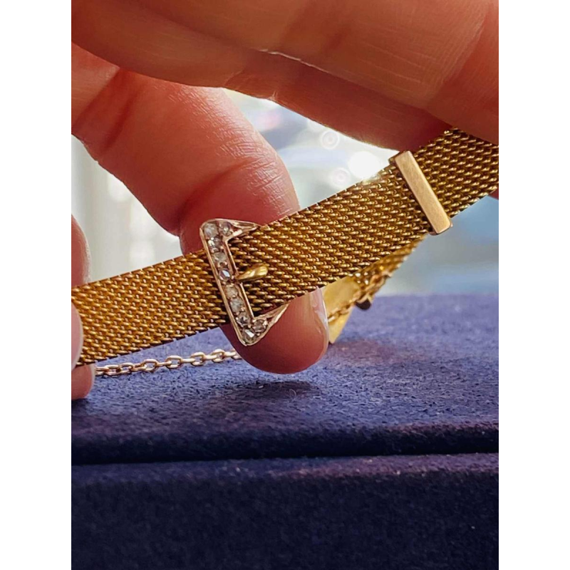 Gold bracelet, Milanese mesh, belt motif, rose-cut diamonds, late 19th century