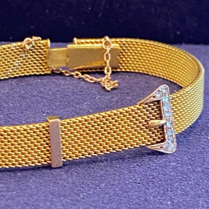 Gouden armband, Milanese schakel, riemmotief, roosgeslepen diamanten, eind 19e eeuw
