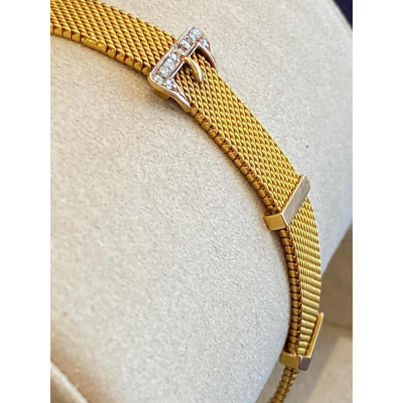 Gold bracelet, Milanese mesh, belt motif, rose-cut diamonds, late 19th century