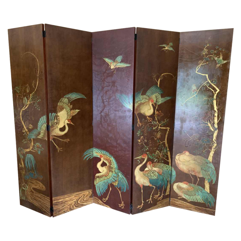 Large Japanese style screen, Art Deco style, Oil on panel signed W. Houben