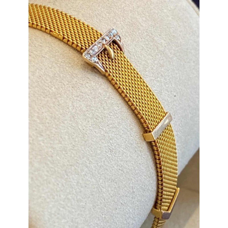 Gold bracelet, Milanese mesh, belt motif, rose-cut diamonds, late 19th century