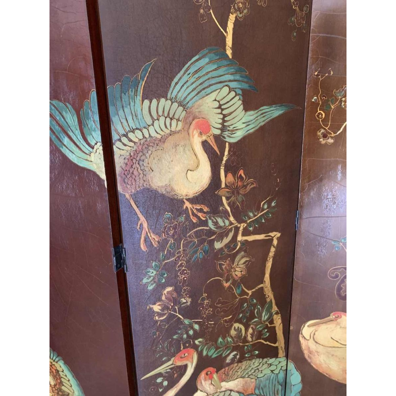 Grand paravent japonisant, style Art DÃ©co, Huile sur panneau signÃ© W. Houben