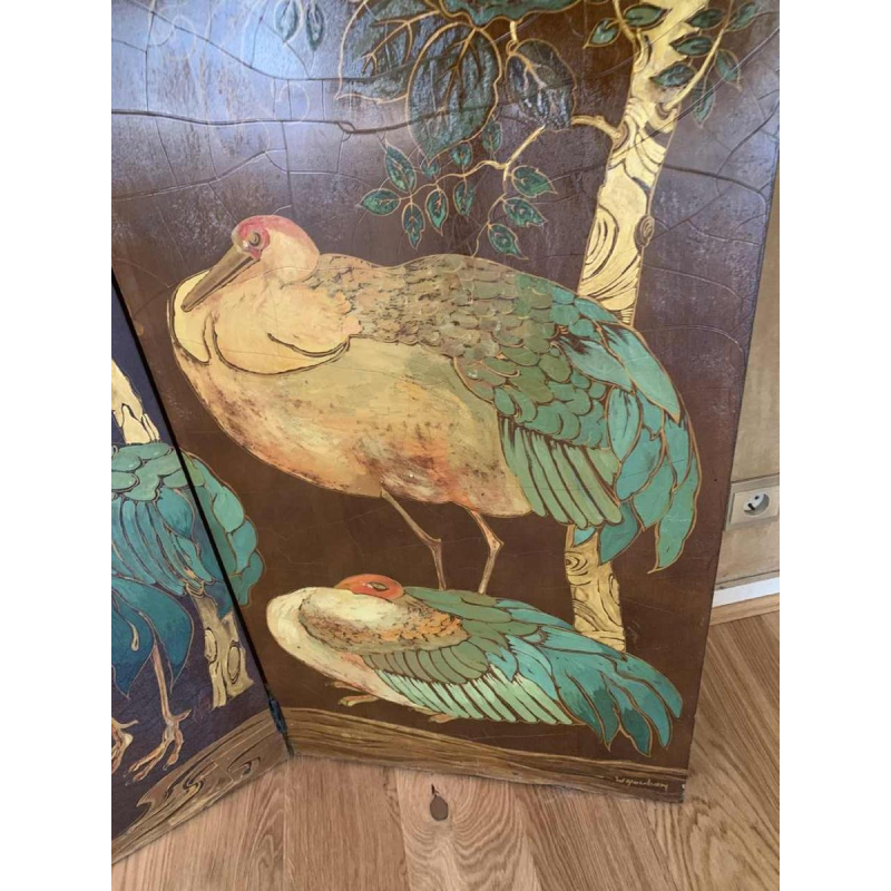 Grand paravent japonisant, style Art DÃ©co, Huile sur panneau signÃ© W. Houben