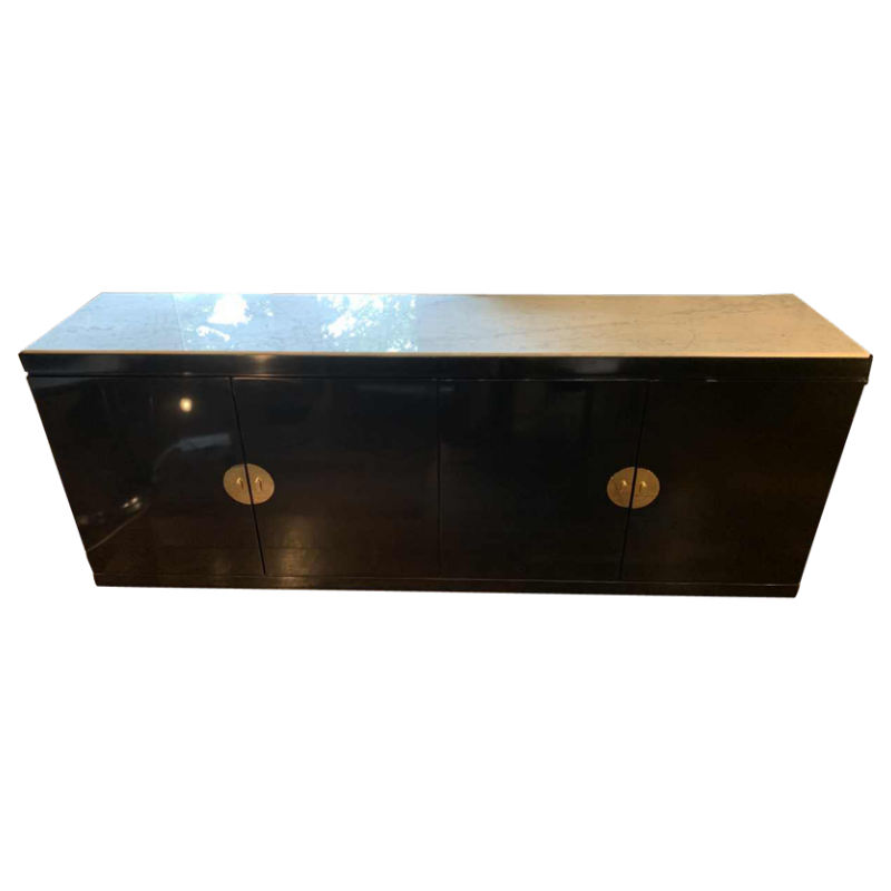 MAISON JANSEN , Chinese Modern Black Brass Lacquered Marble Top Credenza, 1970s