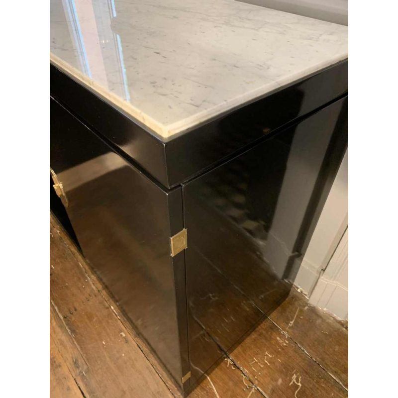 MAISON JANSEN , Chinese Modern Black Brass Lacquered Marble Top Credenza, 1970s