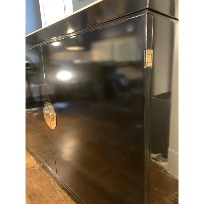 MAISON JANSEN , Chinese Modern Black Brass Lacquered Marble Top Credenza, 1970s