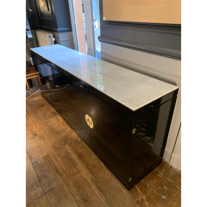 MAISON JANSEN , Chinese Modern Black Brass Lacquered Marble Top Credenza, 1970s