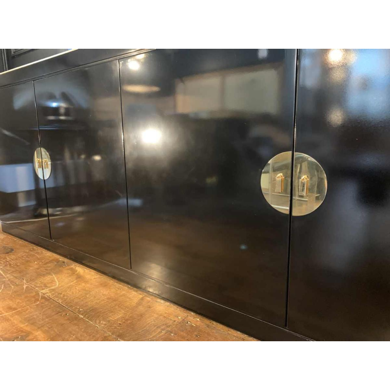 MAISON JANSEN, vintage dressoir / Credenza, zwarte lak, messing en marmer, 1970s