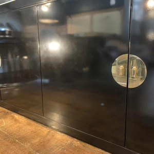 MAISON JANSEN , Chinese Modern Black Brass Lacquered Marble Top Credenza, 1970s