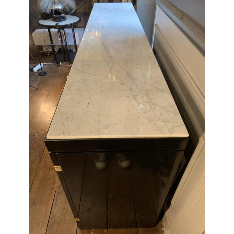 MAISON JANSEN , Chinese Modern Black Brass Lacquered Marble Top Credenza, 1970s