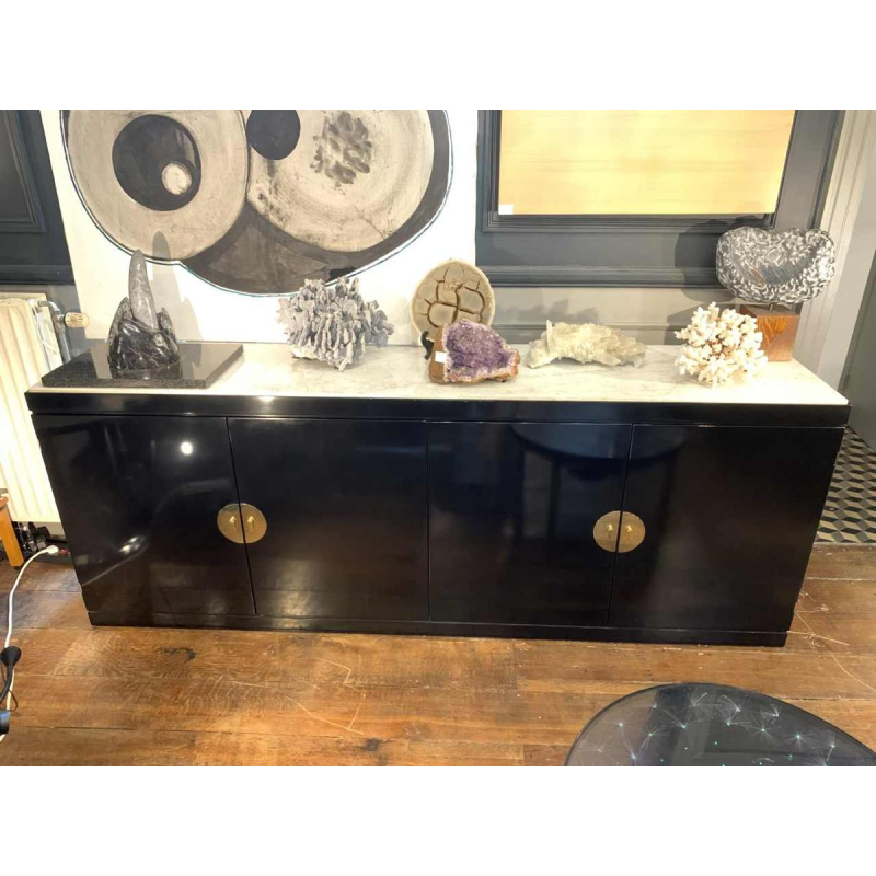 MAISON JANSEN , Chinese Modern Black Brass Lacquered Marble Top Credenza, 1970s
