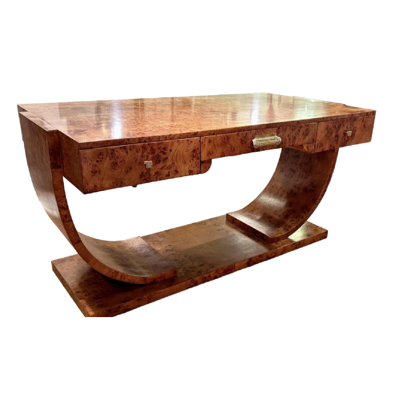 Bureau console Art Déco double face en loupe dorme et bronze, France ca 1925