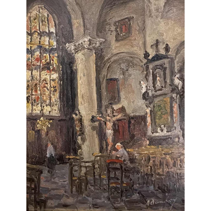 Albert DANDOY (1885-1977): « Namur - intérieur déglise » huile sur cuivre