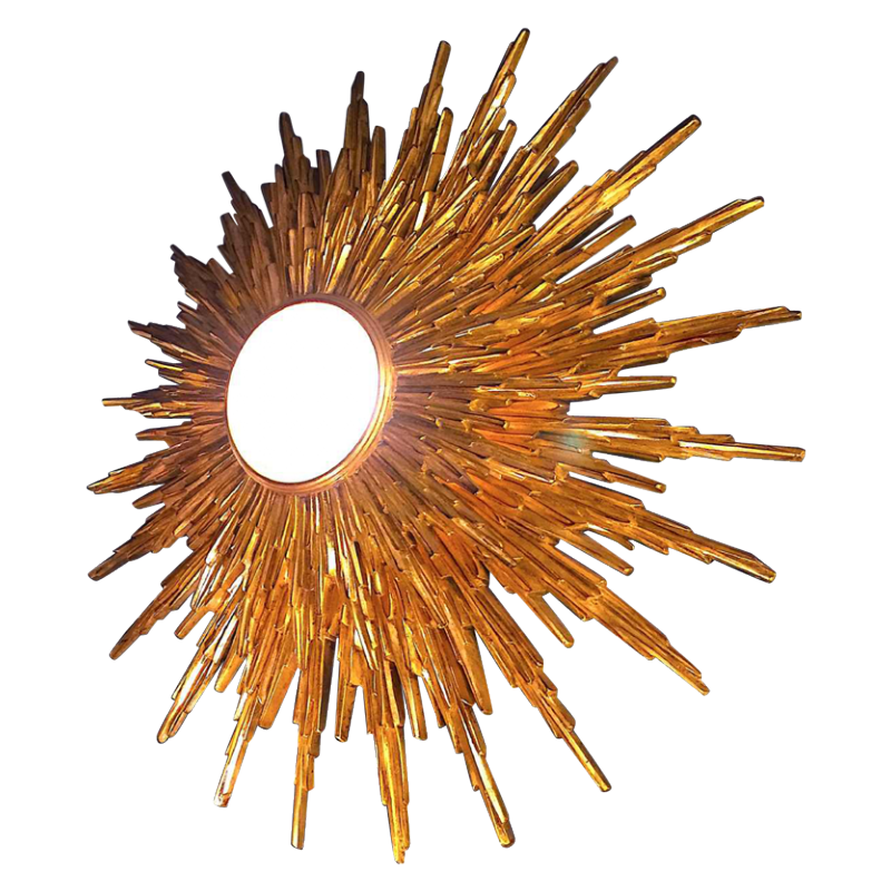 Grande applique murale soleil / miroir de sorciÃ¨re, rÃ©sine dorÃ©e 2 niveaux, 1960