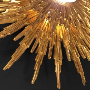 Large wall light sunburst / mirror witch, gilded resin, 2 levels, Belgium 1960
