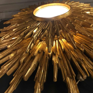 Large wall light sunburst / mirror witch, gilded resin, 2 levels, Belgium 1960