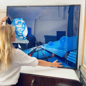 PATRICE PLACEMAN 'Sphynx & boule rouge' peinture Ã  l'aÃ©rographe, Ã©glomisÃ© huile sous plexiglass, 1996