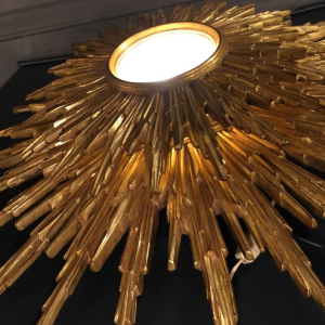 Grote wandlamp zon / spiegel heks, vergulde 2 levels, Belgium 1960