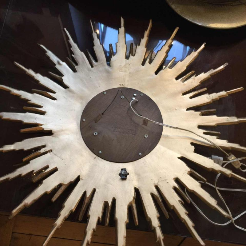 Large wall light sunburst / mirror witch, gilded resin, 2 levels, Belgium 1960