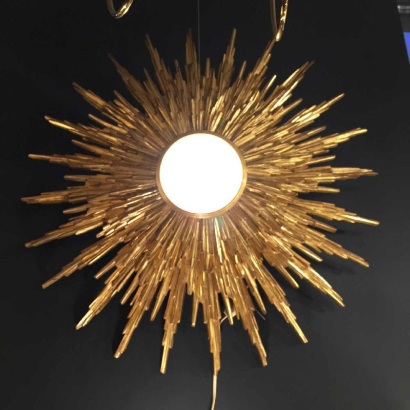 Large wall light sunburst / mirror witch, gilded resin, 2 levels, Belgium 1960