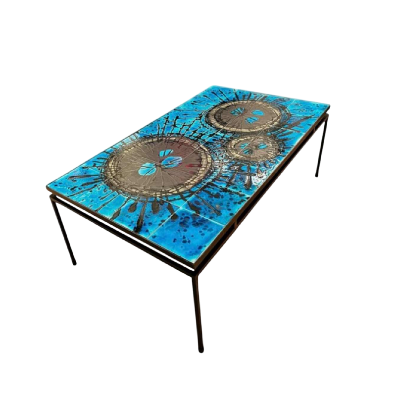 Belarti Edition, glazed ceramic and wrought iron coffee table, ca 1960