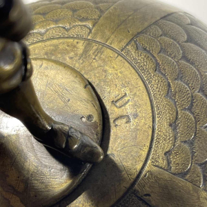 Hotel, table or office bell - bronze sculpture of a figure with 4 oak acorn bells, 19th century