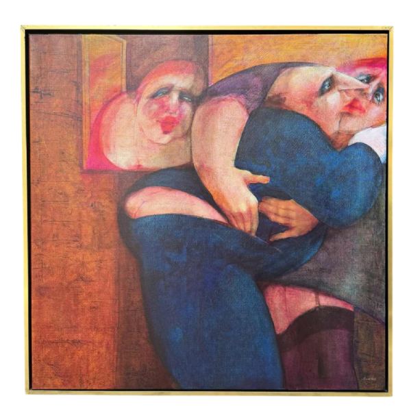 Simone TOUSSAINT «Rendez-vous clandestin» peinture acrylique sur toile, fin du XXe s