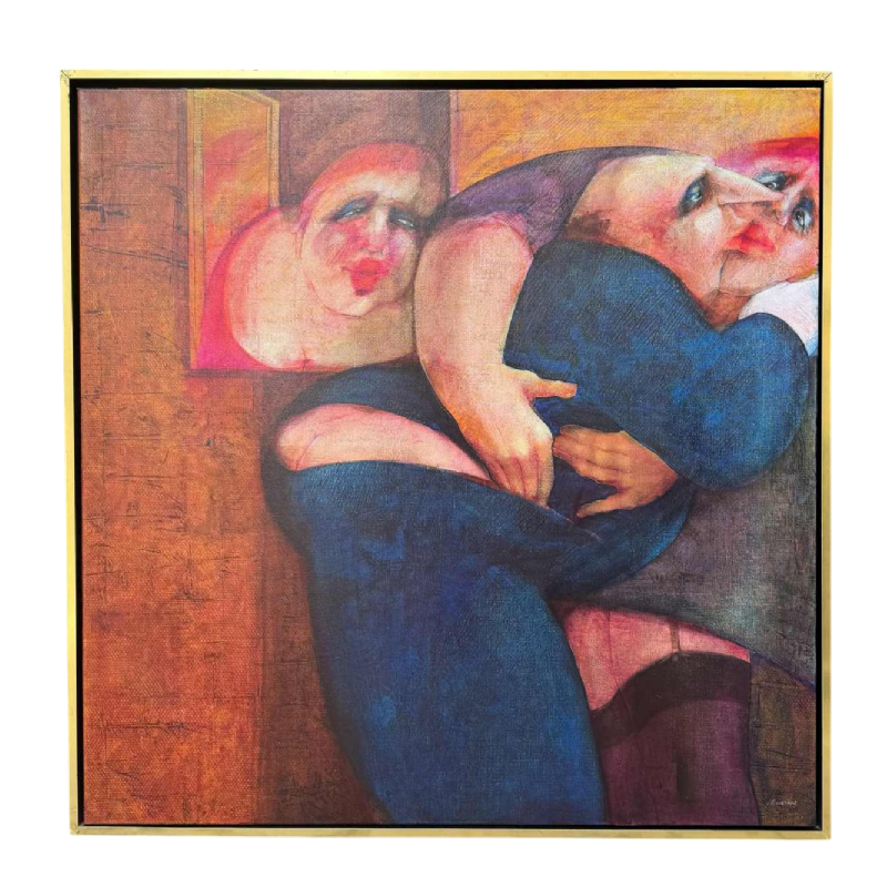 Simone TOUSSAINT «Rendez-vous clandestin» peinture acrylique sur toile, fin du XXe s