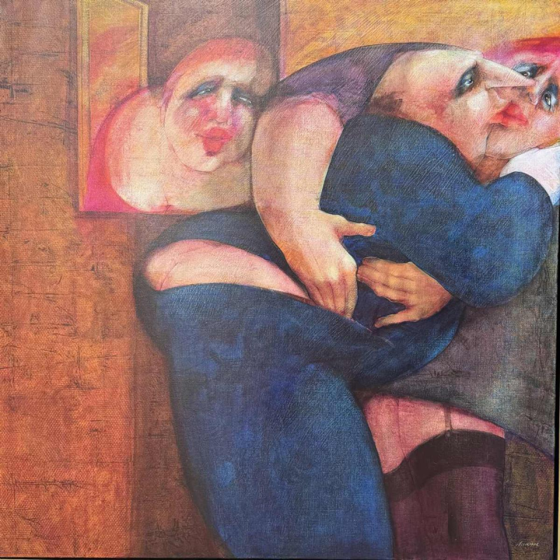 Simone TOUSSAINT «Rendez-vous clandestin» peinture acrylique sur toile, fin du XXe s