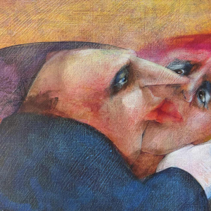 Simone TOUSSAINT  «  Clandestiene afspraak » schilderij acryl op doek, einde van XXe c