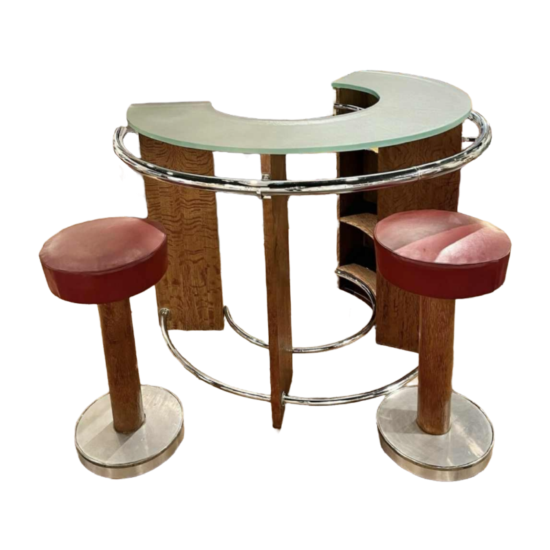 Bar Art Deco français et ses deux tabourets, ca 1930