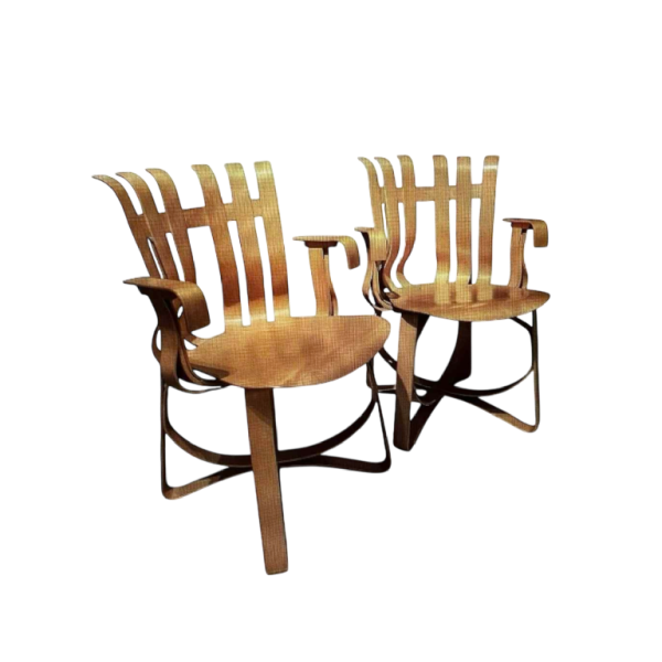 FRANK GEHRY / KNOLL International, pair of “Hat Trick“ armchairs, maple slats, 1994