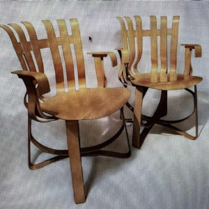 FRANK GEHRY / KNOLL International, pair of “Hat Trick“ armchairs, maple slats, 1994