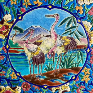 Large Longwy ceramic dish, cloisonné enamel, decorated with wading birds, cranes or herons, ca 1930