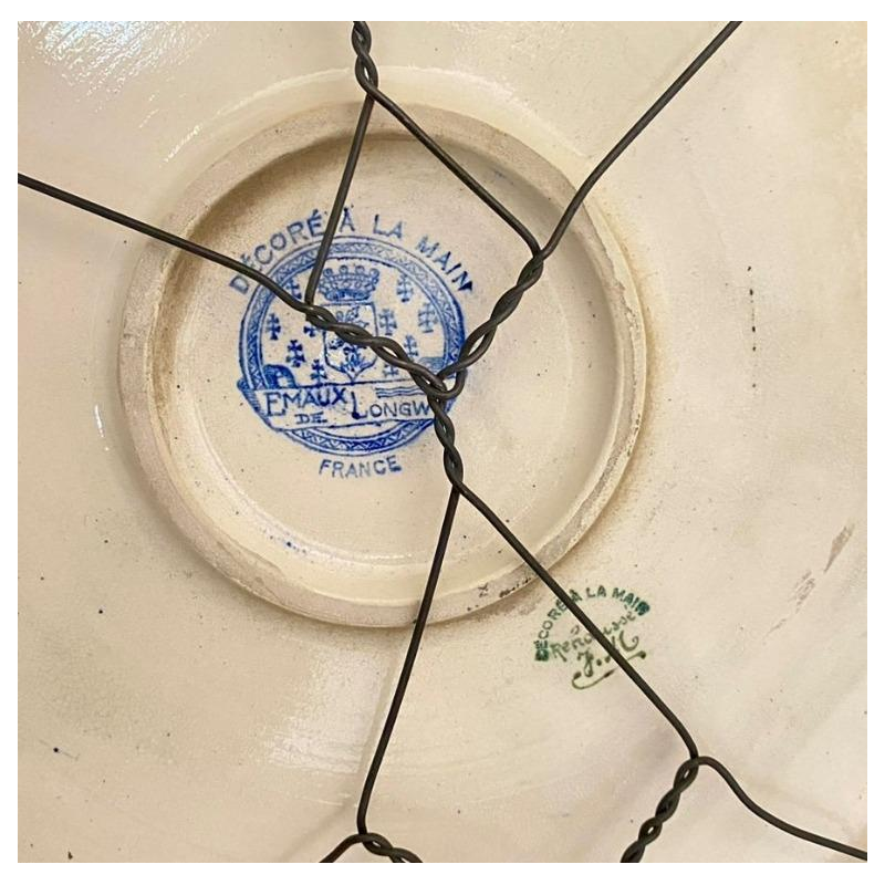 Large Longwy ceramic dish, cloisonné enamel, decorated with wading birds, cranes or herons, ca 1930