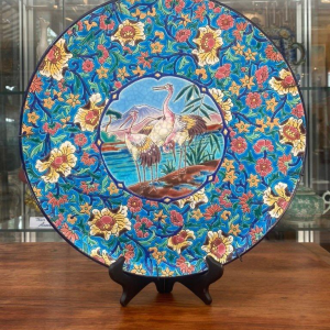 Large Longwy ceramic dish, cloisonné enamel, decorated with wading birds, cranes or herons, ca 1930