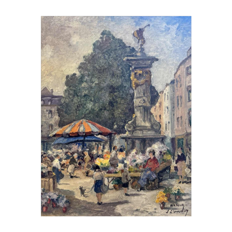 Albert DANDOY 'Namur - Place de lAnge - le marcher aux fleurs' peinture huile sur toile