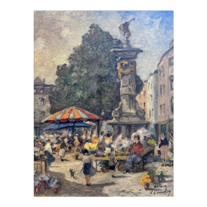 Albert DANDOY 'Namur - Place de lAnge - le marcher aux fleurs' peinture huile sur toile
