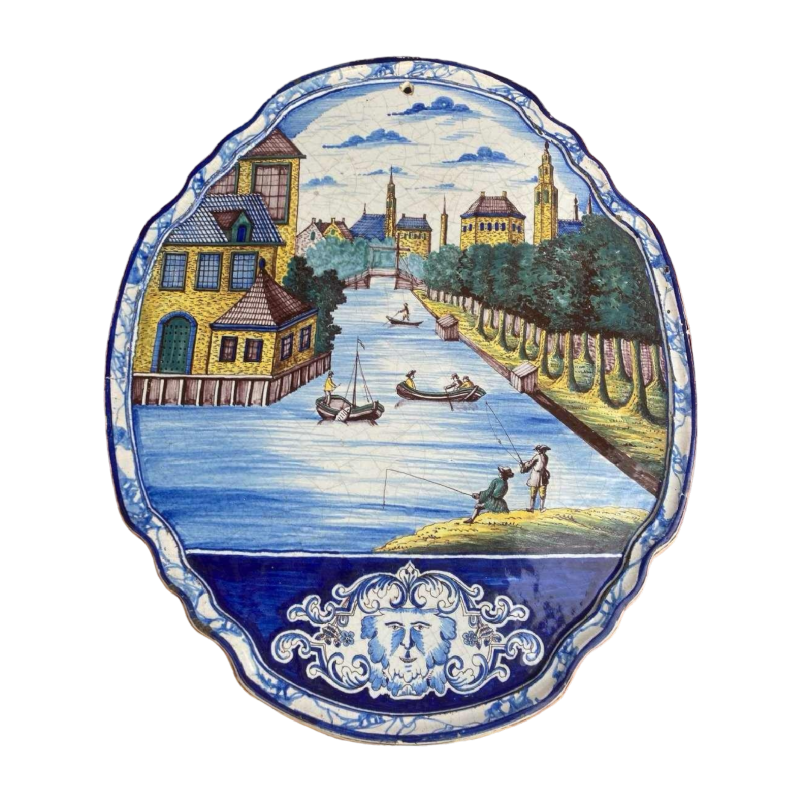 Makkum Delft Harligen, plaque murale ovale en céramique (57cm), Hollande 19ème siècle