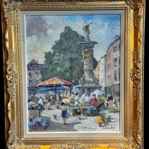 Albert DANDOY 'Namur - Place de lAnge - le marcher aux fleurs' peinture huile sur toile