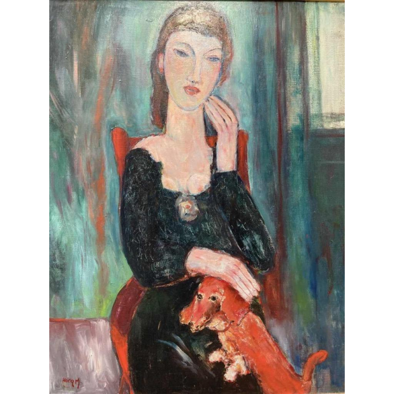 Marcel HOCQ (1933-2021): « Dame et son chien » hst 100x80 cm