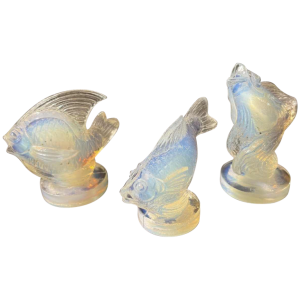 SABINO FRANCE, Set of 3 Art Deco Fish Animal Sculptures Pressed Opalescent Glass