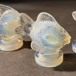SABINO FRANCE, Set of 3 Art Deco Fish Animal Sculptures Pressed Opalescent Glass