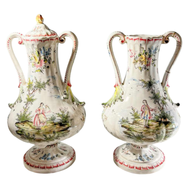 Joseph Gaspard Robert - Marseille earthenware factory, pair of polychrome covered vases, 18th century