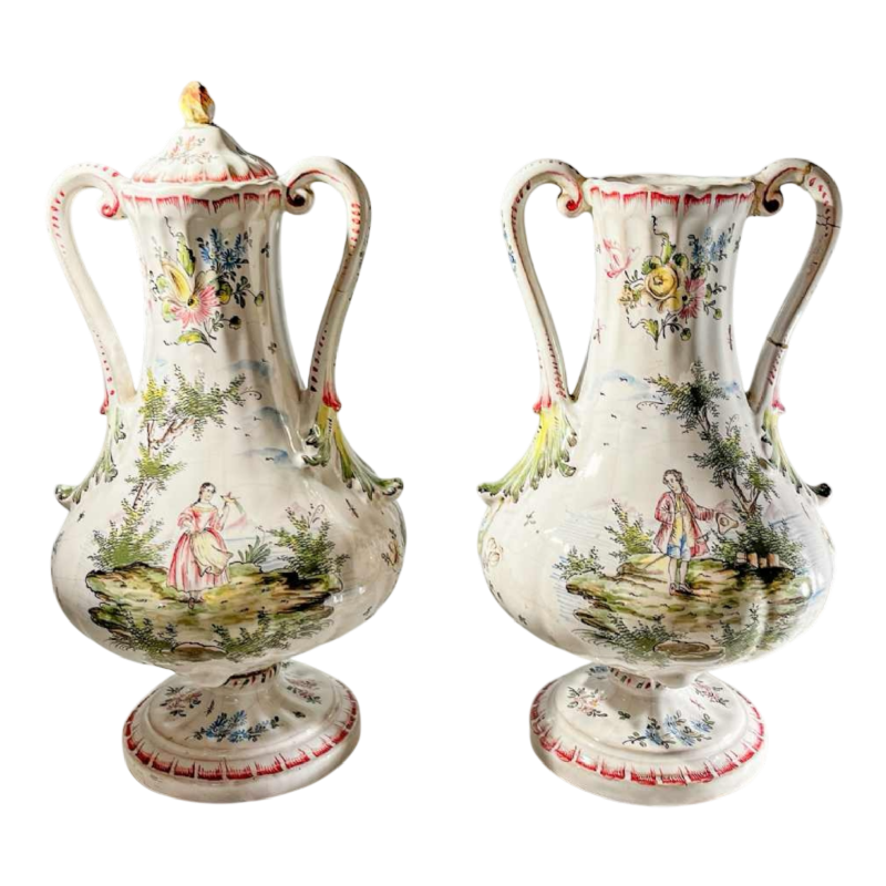 Joseph Gaspard Robert - Marseille earthenware factory, pair of polychrome covered vases, 18th century