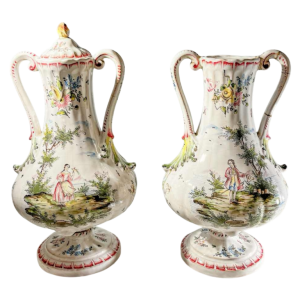 Joseph Gaspard Robert - Marseille earthenware factory, pair of polychrome covered vases, 18th century