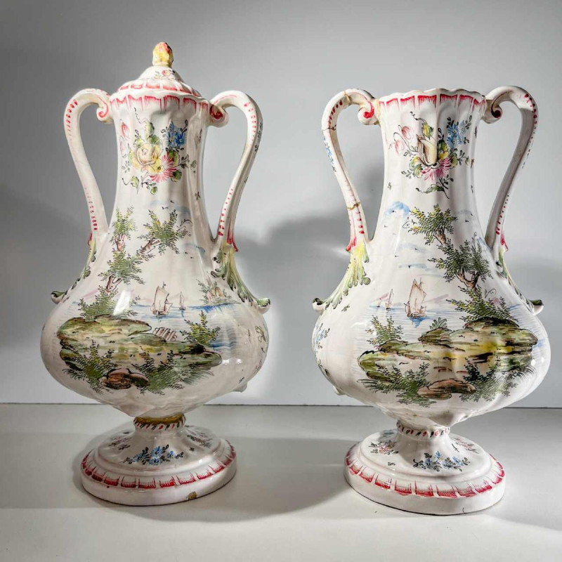 Joseph Gaspard Robert - Marseille earthenware factory, pair of polychrome covered vases, 18th century